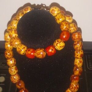 Handcrafted Beaded Necklace and Bracelet - Brown and Red